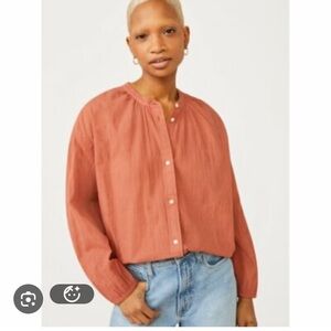 Free Assembly Organic Cotton Rust Button-Up Top Blouse Puff Sleeve Peasant